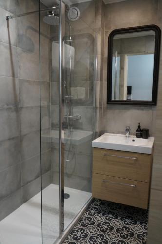 une salle de bain avec douche et lavabo dans l'établissement Appartement Spacieux et Cosy - Strasbourg Centre, à Strasbourg