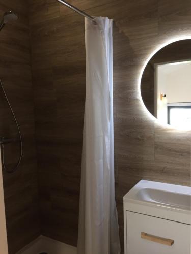 a bathroom with a white shower curtain and a mirror at La Maison BellecOur in Vaudelnay
