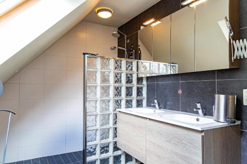 uma casa de banho com um lavatório e um espelho em De Smokkelaar & Het Schuurtje em Maldegem