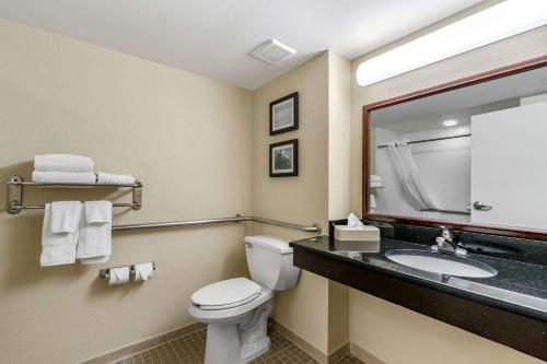 a bathroom with a toilet and a sink and a mirror at Comfort Inn & Suites St Pete - Clearwater International Airport in Clearwater
