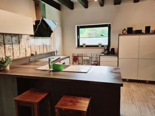 eine Küche mit einer großen Arbeitsplatte in einem Zimmer in der Unterkunft Villa Josy in Maxdorf