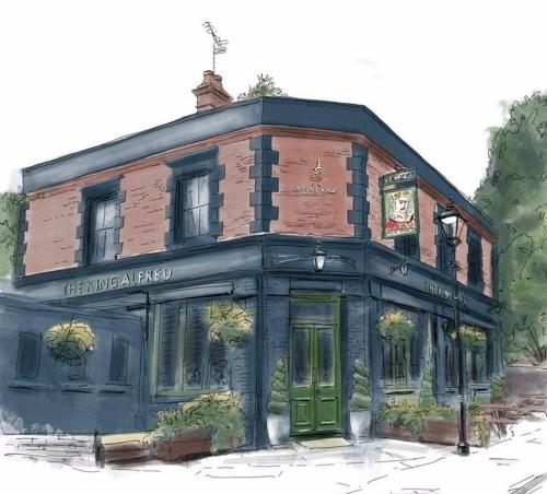 un dibujo de un edificio con en The King Alfred Pub, en Winchester