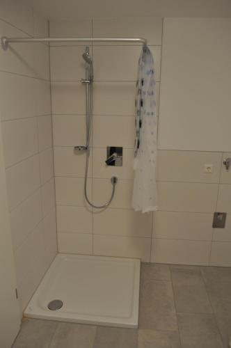 uma casa de banho com chuveiro e cortina de chuveiro em Appartment an der Wühle em Weilheim an der Teck