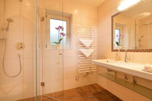 a bathroom with a shower and a sink and a mirror at Café-Restaurant Bettina in Ellmau