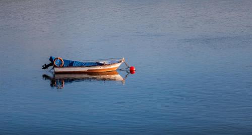 a small boat sitting in the middle of the water at Hotel Arce in Baiona