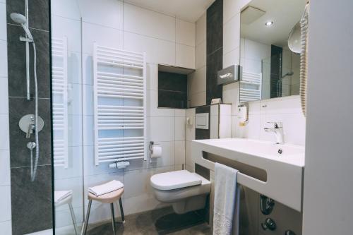 a bathroom with a sink and a toilet and a shower at Flair Hotel Gasthof zum Hirsch in Hayingen