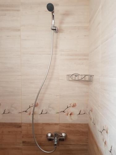 a shower with a shower head in a bathroom at Slantse in Sozopol