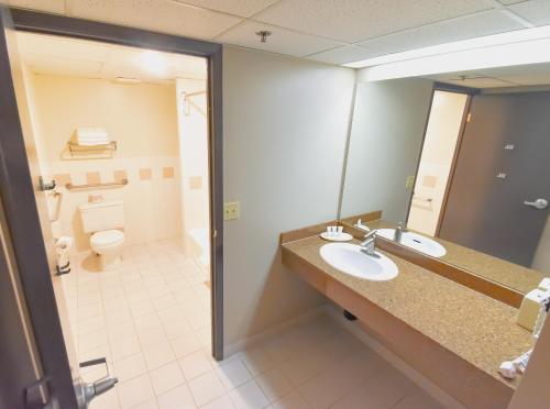 a bathroom with a sink and a toilet and a mirror at Canad Inns Destination Centre Fort Garry in Winnipeg