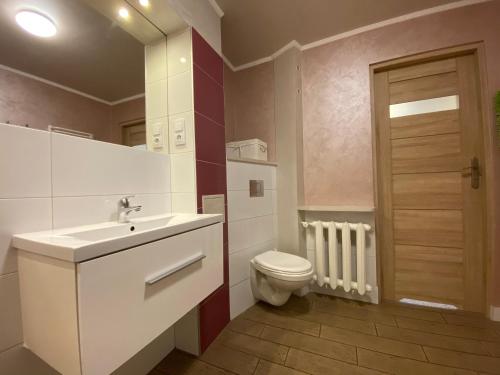 een badkamer met een witte wastafel en een toilet bij APARTAMENT NAD KAMIEŃCZYKIEM IV in Szklarska Poręba