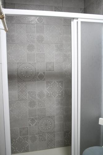 a shower with a glass door in a bathroom at Apts la cañada birding con encanto y patio en monfrague torrejon el Rubio in Torrejón el Rubio
