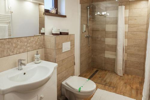 a bathroom with a sink and a toilet and a shower at Vén Diófa in Sub Cetate