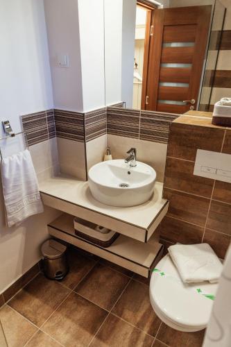 a bathroom with a sink and a toilet and a mirror at Vén Diófa in Sub Cetate