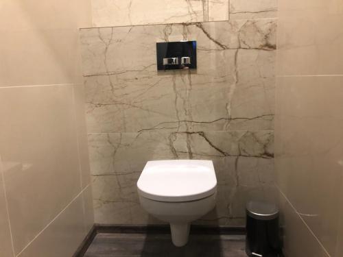 a white toilet in a bathroom with a marble wall at Boutique Apartments Liberec in Liberec