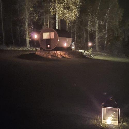 a night time view of a tree house in a forest at Agro Breza - dom z kominkiem 20 metrow od jeziora- sauna ogrodowa in Lipusz