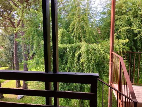 a balcony with a view of a forest of trees at Green Apartment in Albavilla