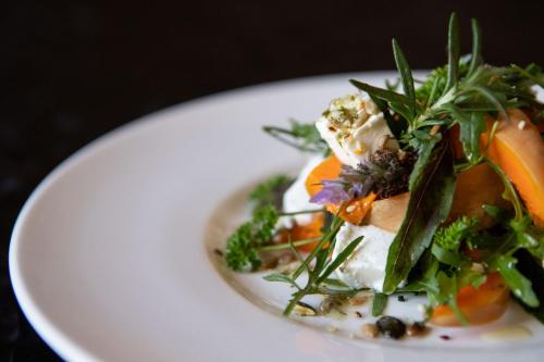 a white plate of food with a salad on it at The Historic Pig and Whistle Inn in Bathurst