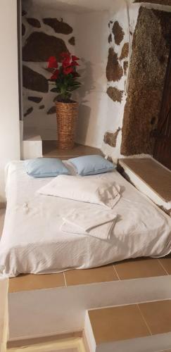 a bed with two pillows and a plant on the floor at Casa Bento Teixeira in Belmonte