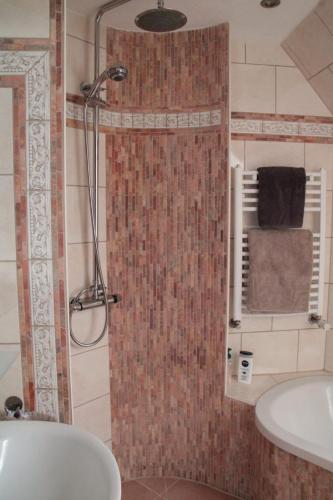 a bathroom with a shower and a sink at Pension Refugium überm Schwansee in Weimar