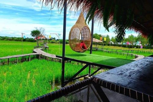 a view of a field from the porch of a house at ข้าวทุ่งเบ็ญจาโฮมสเตย์ in Ban Hat Phang