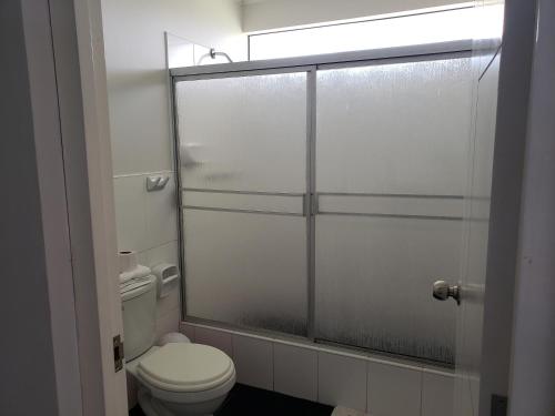 een badkamer met een toilet en een glazen douchedeur bij Los Naturales in Huaral
