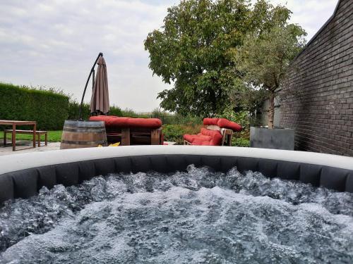 a water feature in a backyard with a pool of water at La Maison de Marie in Borgloon