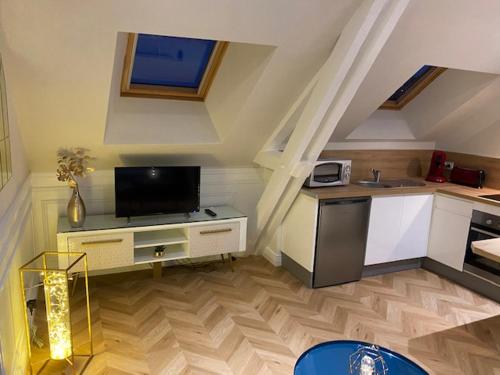 Cette chambre dispose d'une cuisine avec une télévision et un comptoir. dans l'établissement La Demeure De Charme, à Troyes