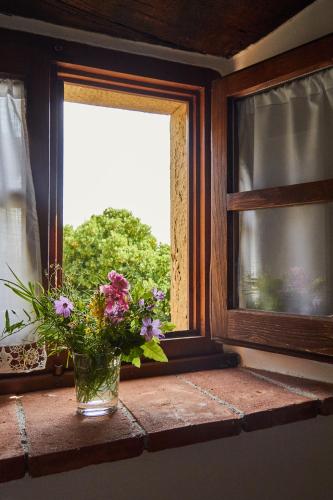 a vase of flowers sitting on a window sill at Rocca Di Castagnoli in Gaiole in Chianti