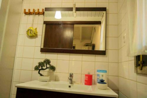 a bathroom with a sink and a mirror at Forest House casinha do Carvalhal in Vila Nova de Cerveira