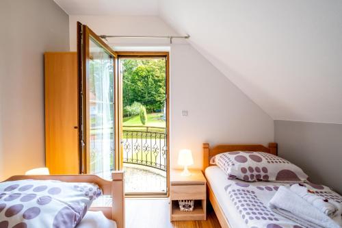 two beds in a room with a window at Villa Vinka - Novo Zvečevo in Brestovac