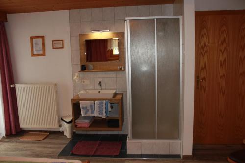 a bathroom with a shower and a sink at Haus Andrea in Sankt Leonhard im Pitztal