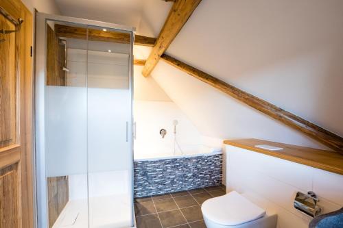
a bathroom with a toilet, sink, and bathtub at Magdalenengut Studios und Suiten in Erfurt
