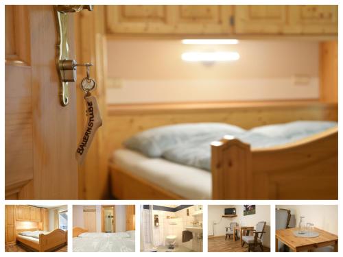 a collage of pictures of a bedroom with a bed at Pension Lichtspitze in Häselgehr