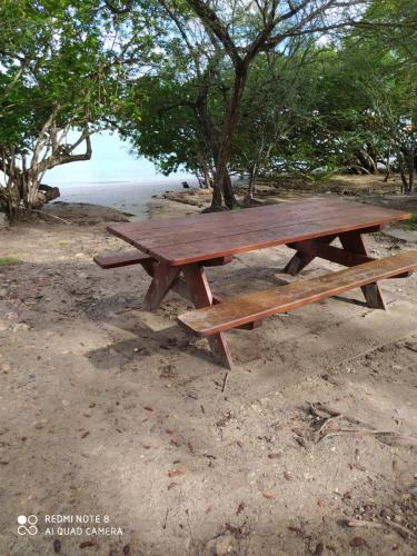 a picnic table sitting on the beach near the water at Studio Hibiscus in Sainte-Anne