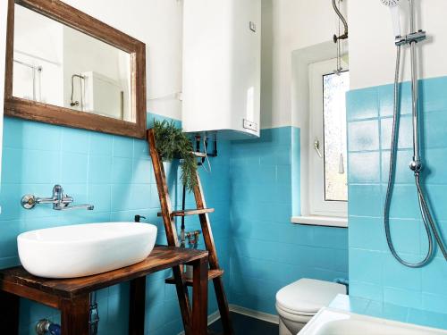 een badkamer met blauwe muren, een wastafel en een spiegel bij Bauernhaus Moser in Nötsch