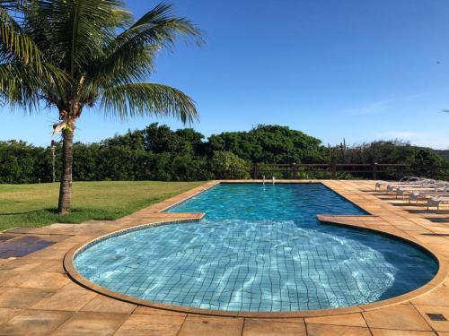 a swimming pool with a palm tree and chairs at Suite Independente Por do Sol Ferradura in Búzios