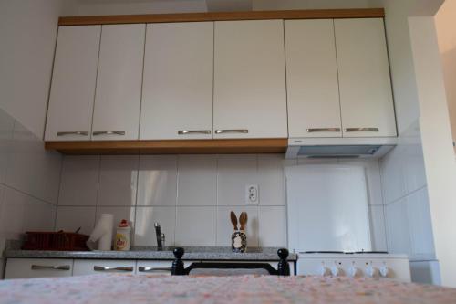 a kitchen with white cabinets and a counter top at Al Maha in Banja Koviljača