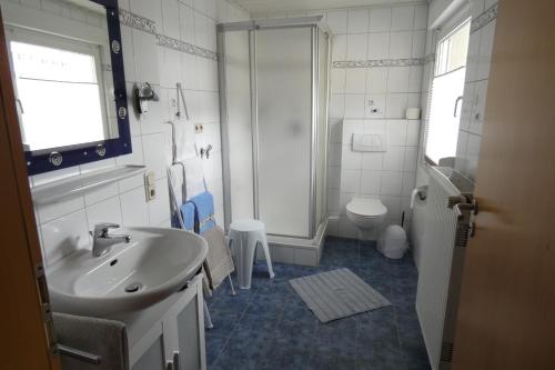 ein Bad mit einem Waschbecken und einem WC in der Unterkunft Ferienwohnung Römerweinhof in Neumagen-Dhron