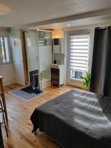 een slaapkamer met een groot bed en een keuken bij Halte du Vert Coteau in Chevinay