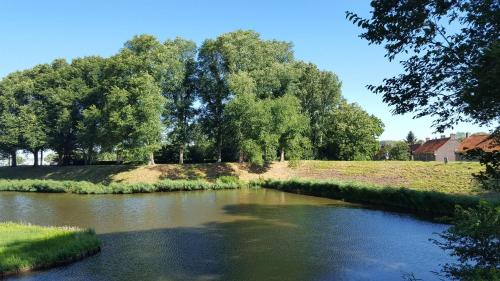 a river with grass and trees in a field at Holiday apartment with free parking Boven Jan Enkhuizen in Enkhuizen