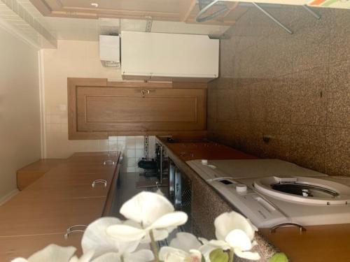 uma casa de banho com WC e um balcão com flores brancas em Casa S & S em São Martinho do Porto