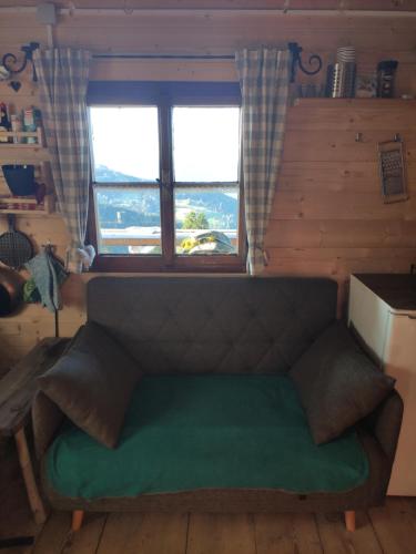 a green couch in a room with a window at Almhütte Andrea in Wildschönau