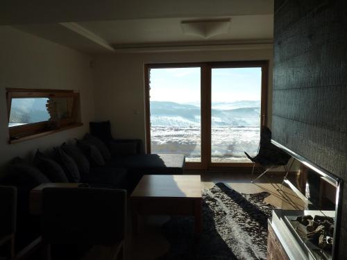 a living room with a couch and a large window at Luxury Wellness Apartment in Rokytnice nad Jizerou