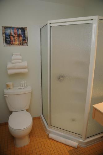 a bathroom with a toilet and a glass shower at Smugglers Cove Inn in Lunenburg
