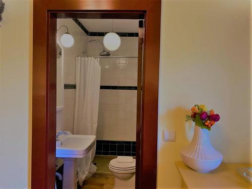 a bathroom with a toilet and a sink and a vase of flowers at Hotel Rural Casa dos Viscondes da Varzea in Lamego