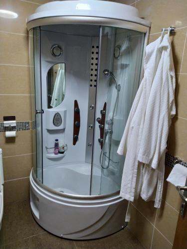a shower with a glass door in a bathroom at Apartman Paradiso 211 in Vrnjačka Banja