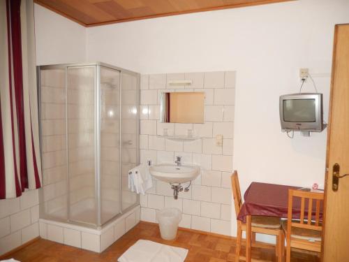 a bathroom with a shower and a sink and a tv at Hotel "Wilder Mann" in Linz