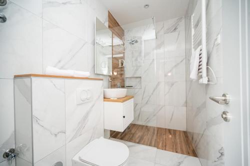 a white bathroom with a toilet and a shower at DMS Apartments & Suites Sarajevo in Vogošća