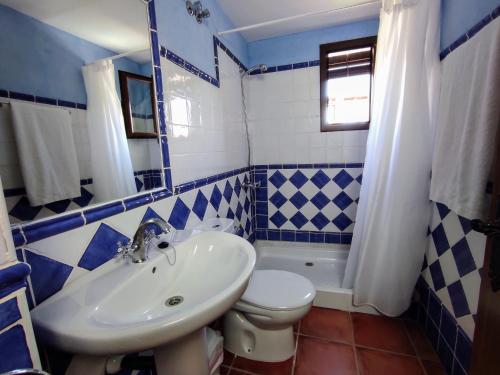 a blue and white bathroom with a sink and a toilet at Casa Rural Alquife in Alquife