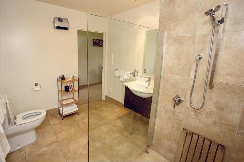 a bathroom with a shower and a toilet and a sink at Marchmont Gardens in Hanmer Springs