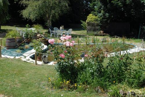 a garden with a pond and flowers in a yard at Hotel du Commerce Chez Stéphane in Roumazières